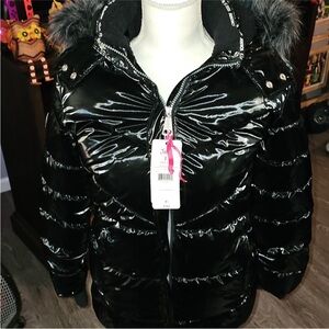 Justice Girls Nwts Winter Jacket Sz Large 12/14 Black Shiny Puffer & Fur Hood